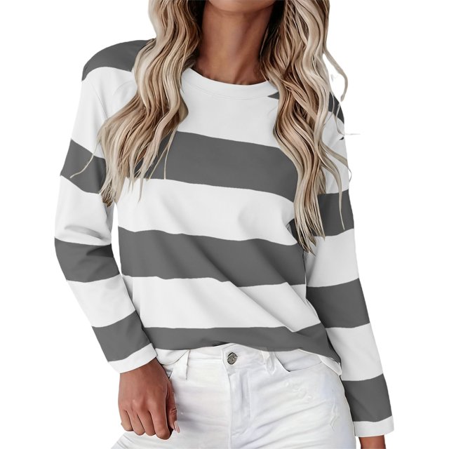 ManxiVoo T-Shirt à Manches Longues pour Femme à Rayures Imprimées, Col Rond, Confortable, T-Shirt Graphique d'Automne, Blouse Légère, Taille TTG, Gris Foncé