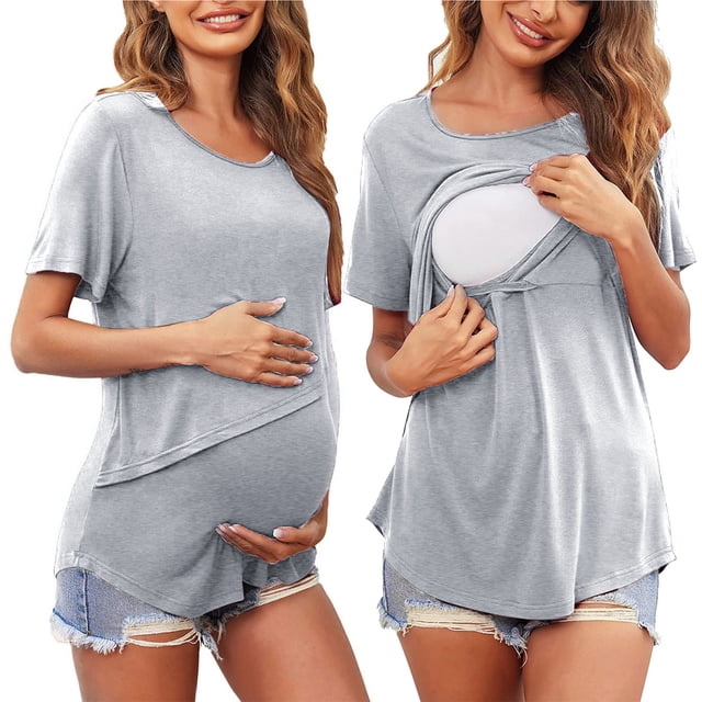 TIMIFIS T-Shirts de Maternité Gris pour Femmes Été T-Shirts d'Allaitement Manches Courtes Hauts Décontractés Confortables Unis Col Rond Vêtements de Grossesse - Printemps/été