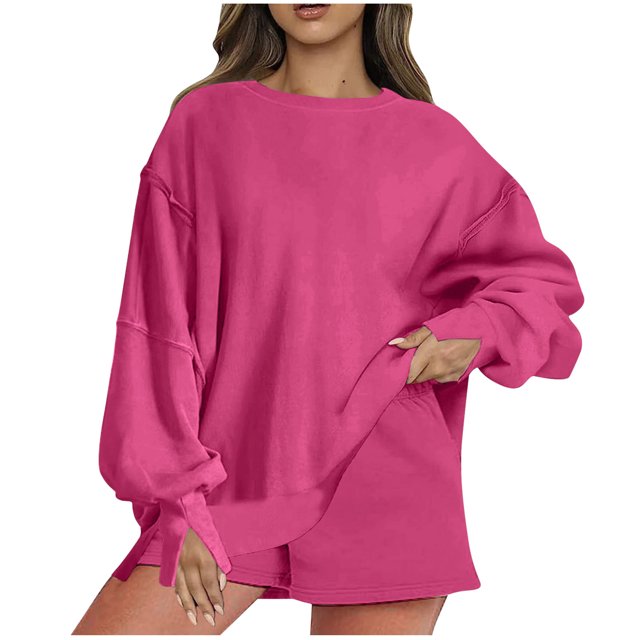 MeetoTime Ensemble Deux Pièces Automne pour Femmes Chandail en Molleton à Col Rond et Shorts Surdimensionnés