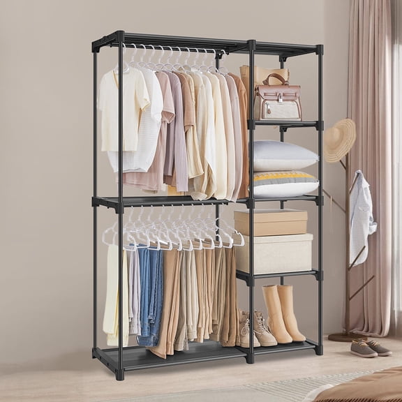 LEDREM Freestanding Closet Organizer with Hanging Rods & Shelves - Portable Wardrobe for Bedroom, Hallway, 65 Inch Height,Black