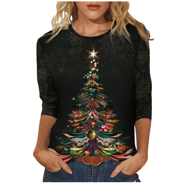 IROINID Discount Christmas Shirts pour les Femmes Lounge Imprimé Col Rond Blouse Long Sleeve, Noir