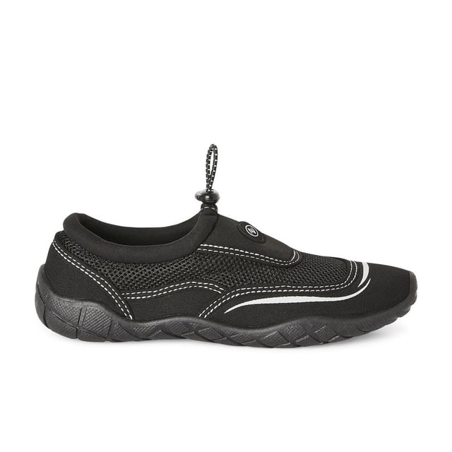 Athletic Works Boys' Water Shoes in black with breathable mesh and jersey upper, round toe, rubber outsole, and drawcord closure on the collar, shown in side profile on white background, suitable for water play and beach use.