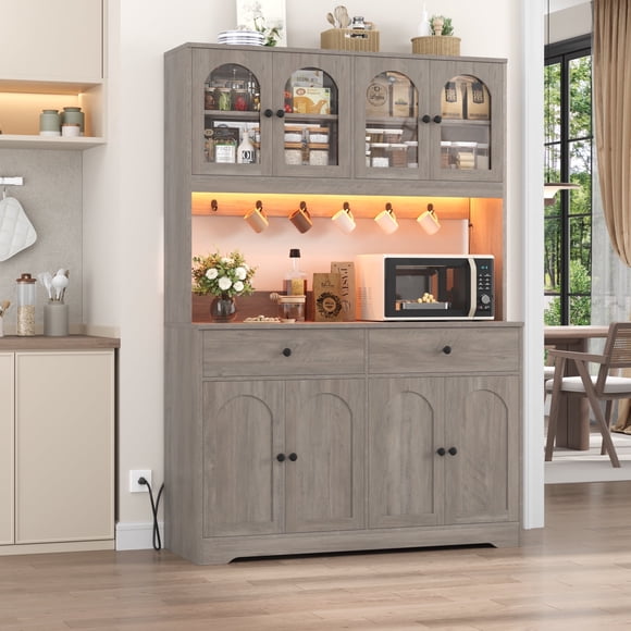 Homfa 71" Kitchen Pantry with LED Lights and Charging Station, Freestanding Kitchen Cupboard with Storage and Microwave Stand, Floor Cabinet for Dining Living Room, Wash Gray