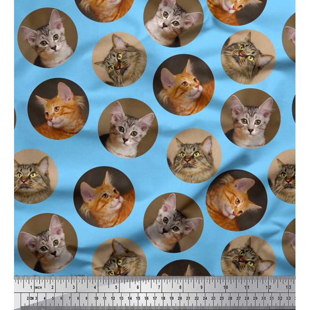Soimoi Tissu Poly Georgette Motif Animal Visage de Chat au Mètre 52 Pouces de Large