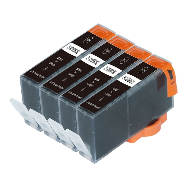 L-ink 4 Pack Compatible Black Ink Cartridge 920XL (CD975AN) featuring four black ink cartridges with transparent plastic casing and orange pull tabs, compatible with HP OfficeJet 6000, 6500, 7000 series printers, providing clear, crisp print quality and a 1200 page yield, ideal for cost-effective printing.