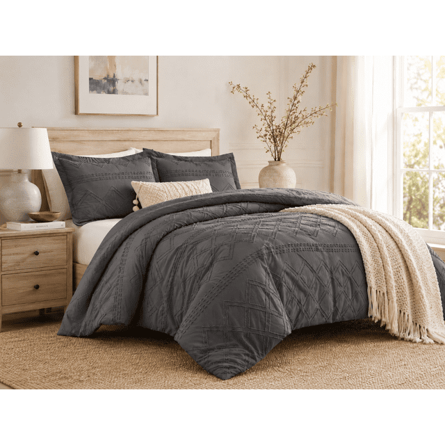Swift Home Diamond Textured Soft Touch Duvet Cover Set, All Season Bedding with Zipper Closure, Includes Pillow Shams, King, Steel Gray