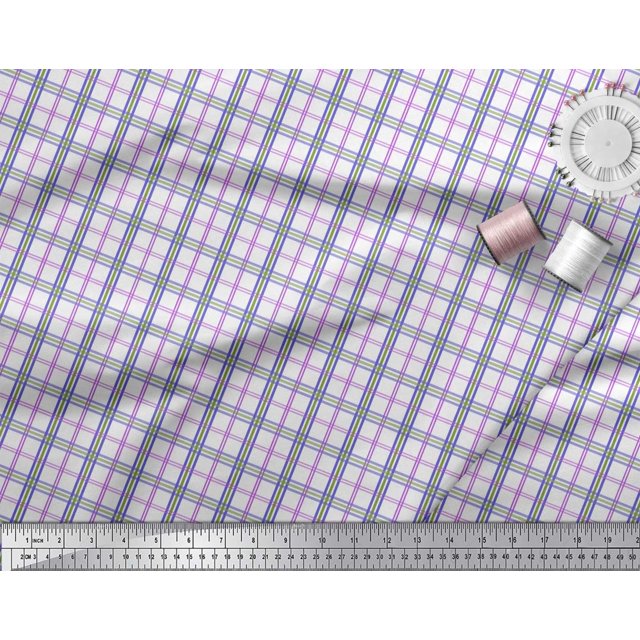 Soimoi Purple Crepe Silk Fabric Window Pane Check Print Fabric by the Yard 42 Inch Wide