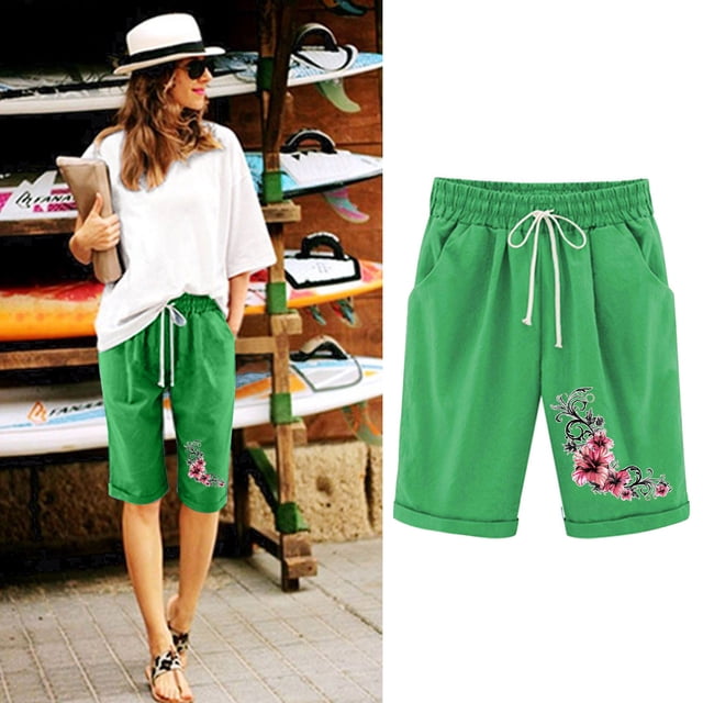 LOVZFMLL Women's Elastic Waist Printing Drawstring Shorts Green S