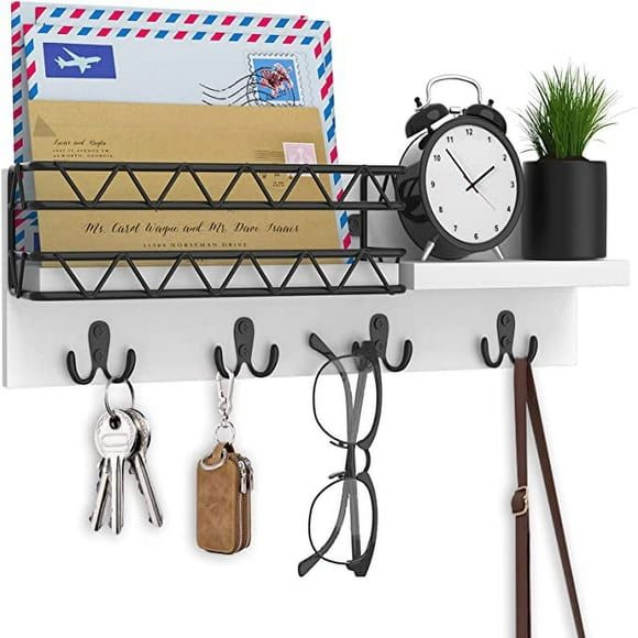 Key Holder for Wall Key Holder with 4 Double Wall Hooks and Mail Organizer Key Hooks Decorative for Wall is Made of Pine- White