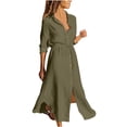thumbnail image 2 of LOVZFMLL Women's Solid Color Breasted Lapel Drawstring Shirt Dress Linen Dress Army Green 5XL, 2 of 9