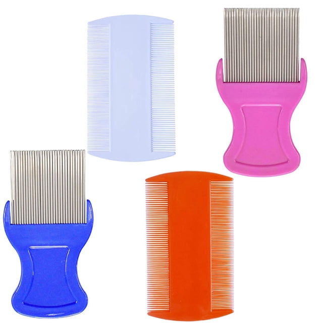 4 Pieces Pet Hair Nit Lice Combs Set by TAIWO, featuring stainless steel metal nit combs and double-sided teeth combs in assorted colours including pink, blue, orange, and white. Designed for dandruff flakes removal and lice treatment.