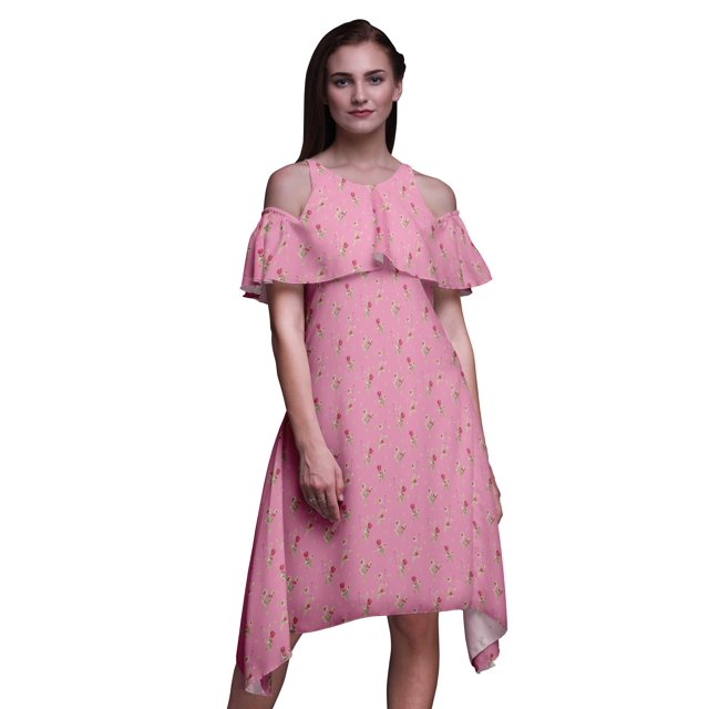 Bimba Pink Floral Print Womens Chic Style Cold Shoulder Shift Dress Summer Tunic - X-Small