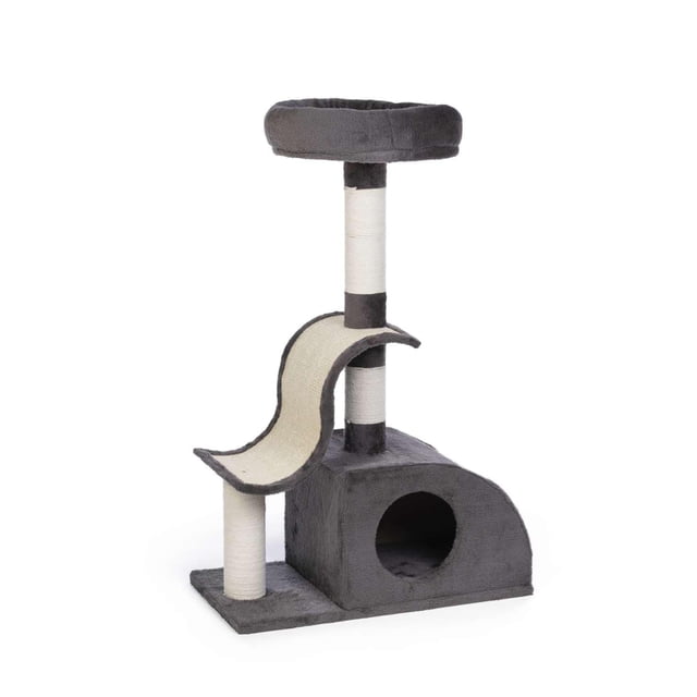 Prevue Pet Cool Wave Fun Cat House in grey plush featuring a cozy hideaway cubby, curved sisal scratching ramp, multiple jute-wrapped scratching posts, and a plush round day bed on top, designed for cats to scratch, climb, and rest.