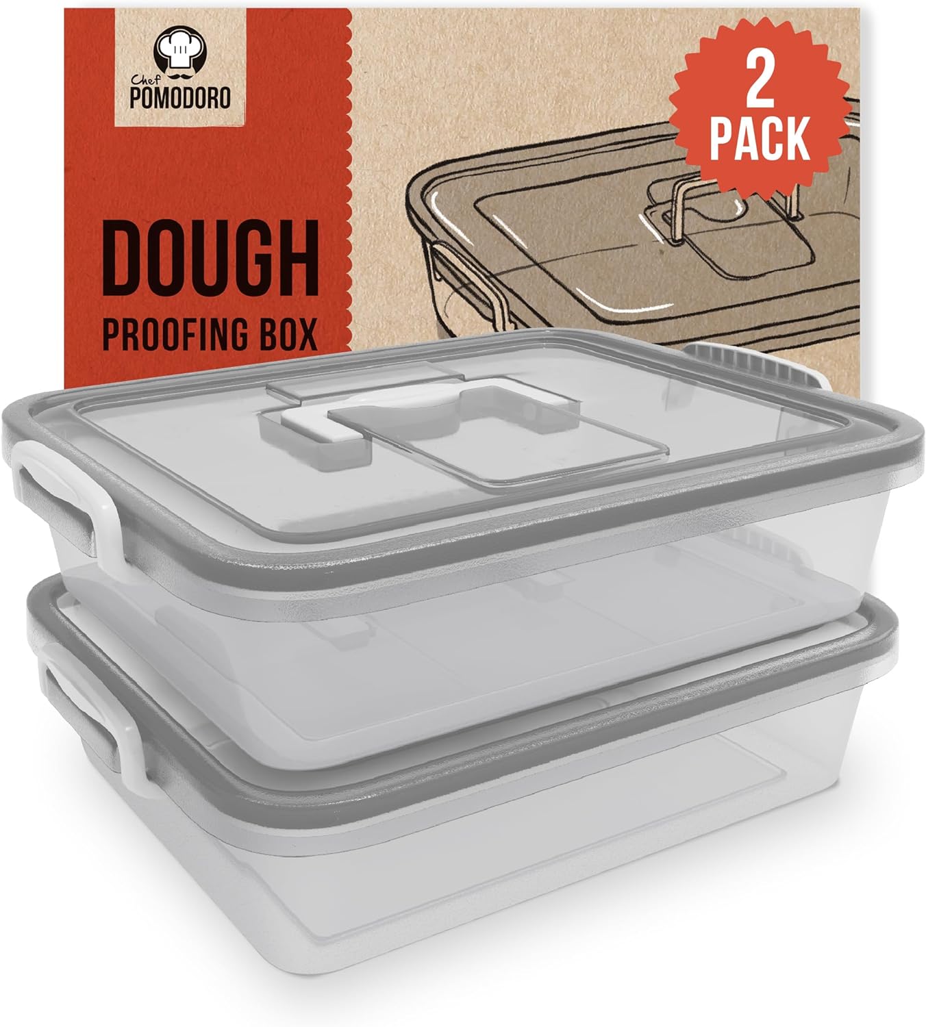 Chef Pomodoro Large Pizza Dough Proofing Box Kit 2-Pack, 17 x 13-Inch, Pizza Dough Container, Fits 6-8 Dough Balls, 2 Trays and 2 Covers, Household Pizza Dough Tray With Convenient Carry Handle (Grey)