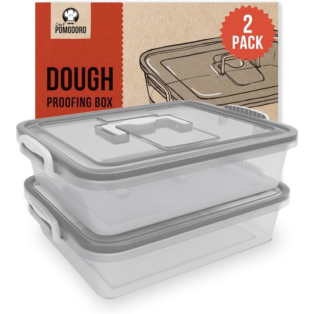Chef Pomodoro Large Pizza Dough Proofing Box Kit 2-Pack, 17 x 13-Inch, Pizza Dough Container, Fits 6-8 Dough Balls, 2 Trays and 2 Covers, Household Pizza Dough Tray With Convenient Carry Handle (Grey)