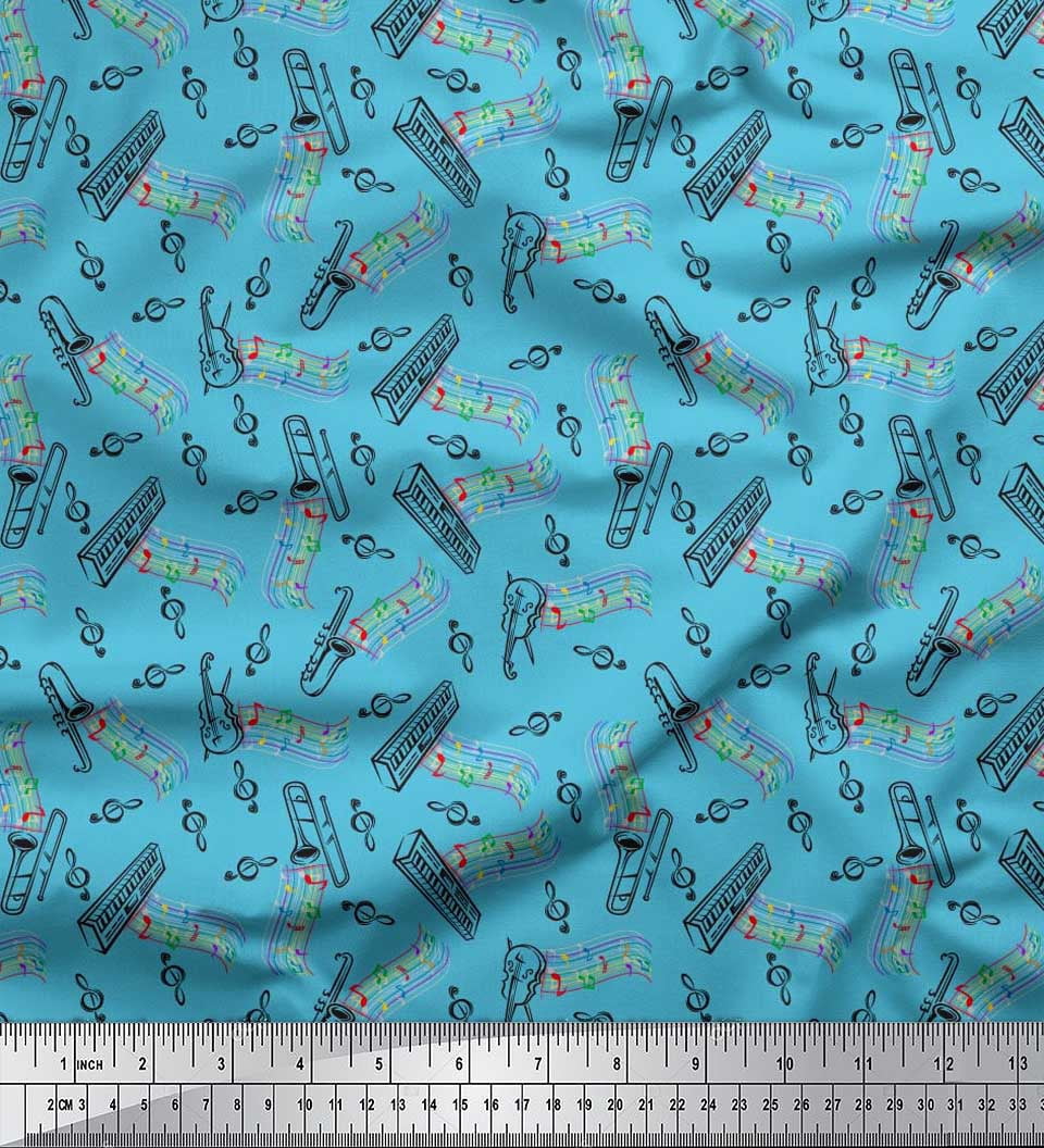 Soimoi Cotton Jersey Fabric Notes,Piano & Guitar Musical Instrument Print Fabric by The Yard 58 Inch Wide