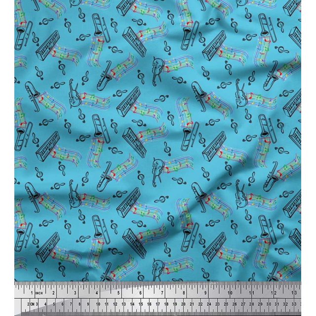 Soimoi Georgette Viscose Tissu Notes, Piano & Guitare Instrument de Musique Tissu Imprimé 1 Yard 42 Inch Wide