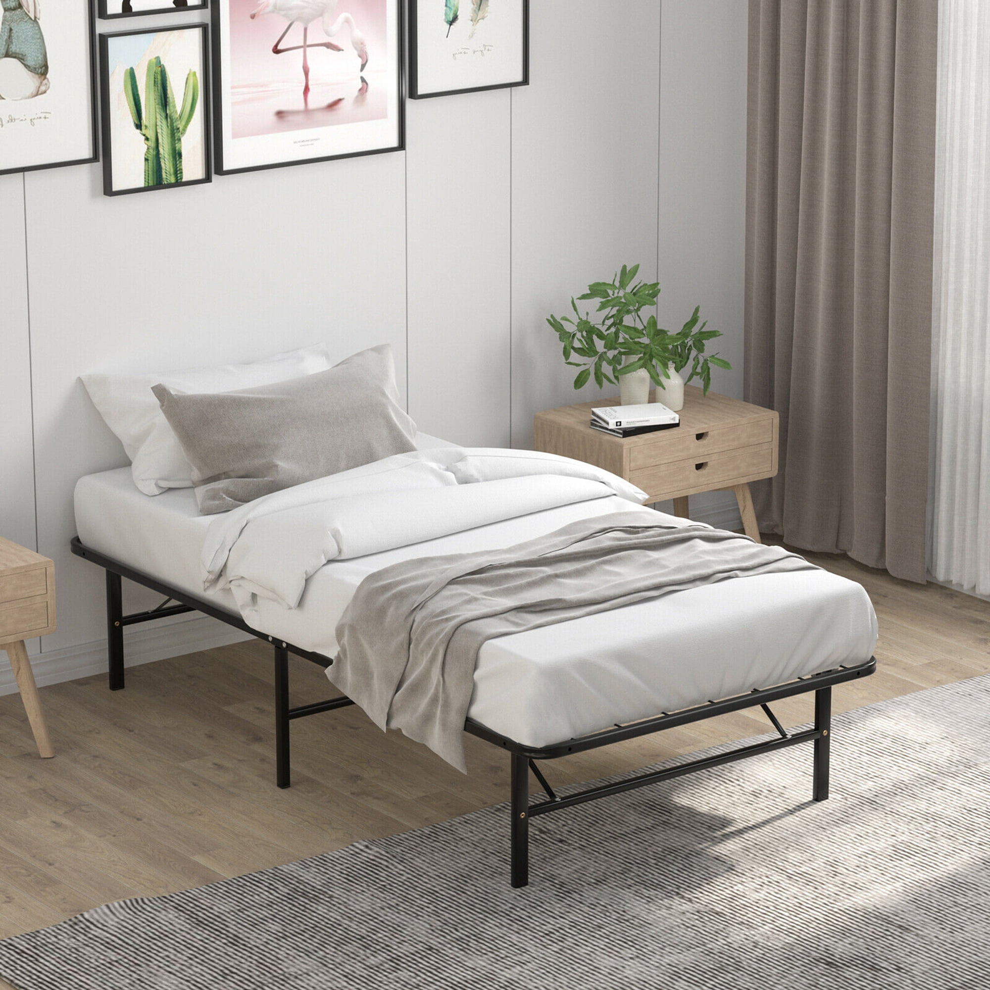 Gymax Base de Lit Plateforme en Métal 14 Pieds' Format Simple Pliable pour Matelas, Assemblage Sans Outils Free Assembly