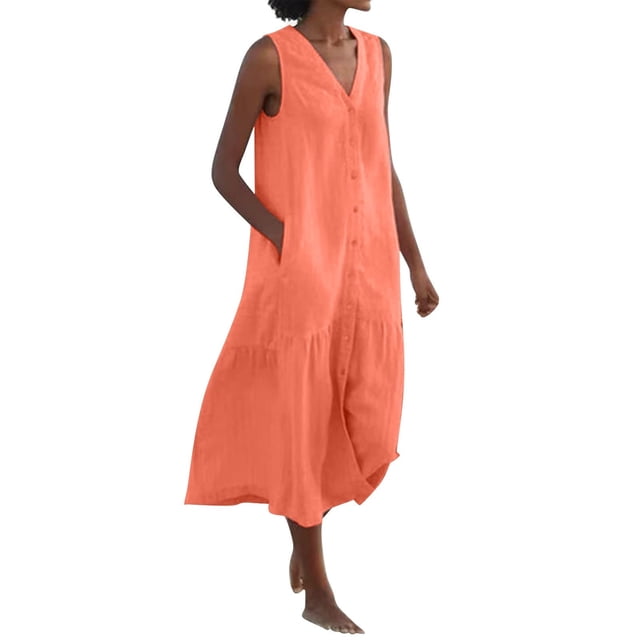 Cameland Robe Femme Mode Unie Solor à Col en V Sans Manches à Boutons en Coton et Lin