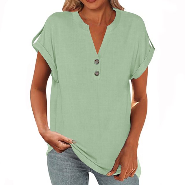 Yuyuzo Womens T Shirts Cap Sleeve Tops Button up V Neck Top Solid Color Basic Summer Tees Tops