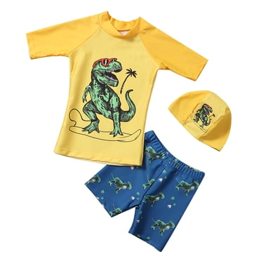 Toddler Kids Baby Boys Fashion Cute Dinosaur Print Swimming Trunks Swimming Cap Swimsuit Set