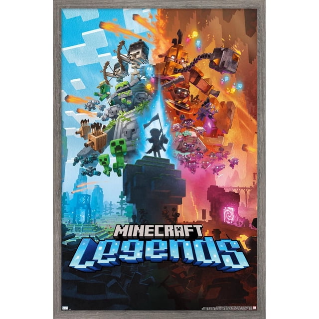 Minecraft: Legends - Key Art Wall Poster, 22.375" x 34", depicts a split battle scene with pixelated Minecraft characters. The left side shows blue and green mobs like creepers and skeleton archers under a bright sky, while the right side features fiery orange and purple hostile mobs with lava. A central warrior silhouette holding a flag stands on a stone pedestal dividing the two sides. Printed on glossy paper, this vibrant poster is ideal for home décor and gaming rooms.