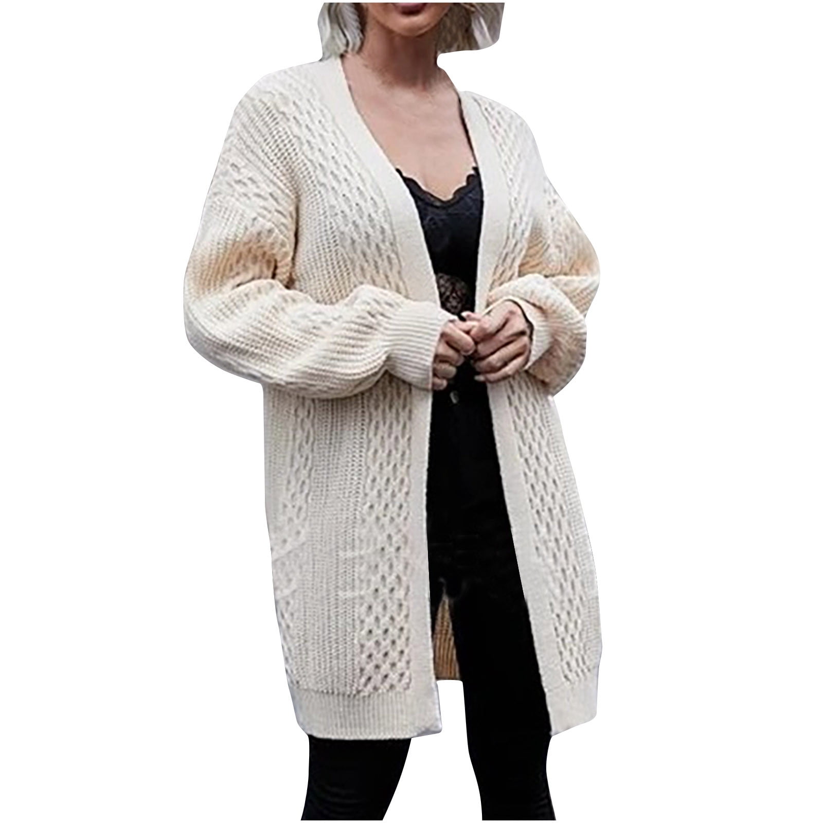 Yuyuzo Mid-Long Cardigan Sweater for Women Long Sleeve Open Front Knit Sweater Solid Color Fall Tops