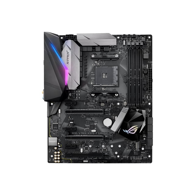 ASUS ROG STRIX X370-F GAMING ATX Socket AM4 Motherboard with AMD X370 chipset, optimized for gaming and overclocking. Features include RGB lighting with Aura Sync, multiple PCIe slots, DDR4 memory support, SupremeFX audio, and advanced cooling options. Ideal for high-performance gaming setups and ATX form factor builds.