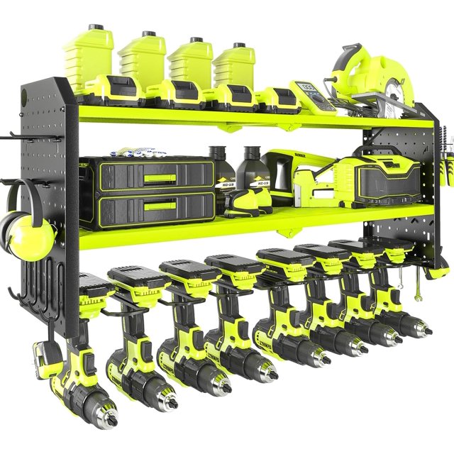 Power Tool Organizer Large Drill Holder Wall Mount with Side Pegboards Metal Tool Shelf with Hooks Storage Rack for Garage Organization Utility Cordless Drill Holder - Yellow