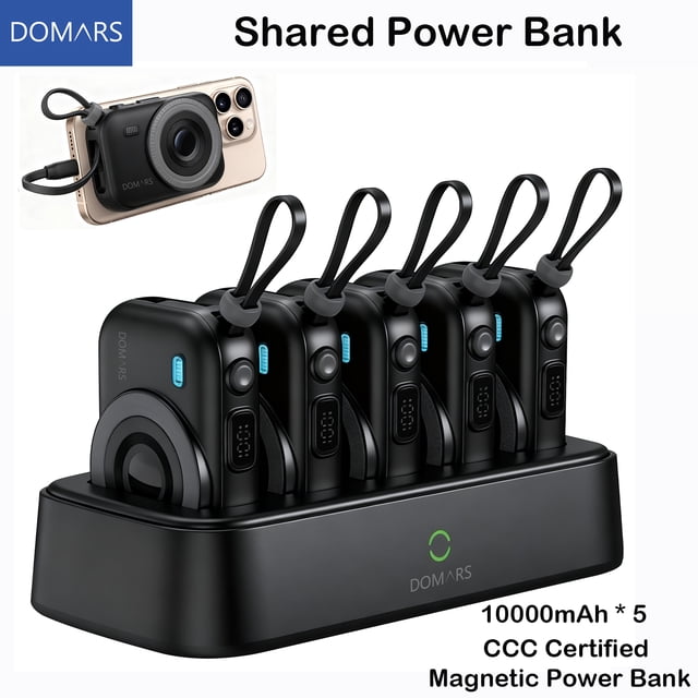 Domars 5pcs 10000mAh Magnetic Power Bank Set, 22.5W Fast Charging Portable Charger with Charging Base, Built-in Type-C & Lightning Cable, Strong Magnetic Adsorption for Home Office Travel