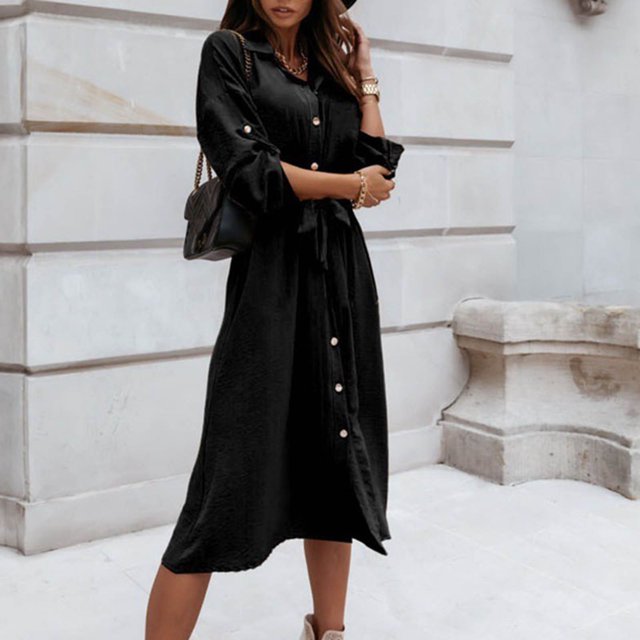 YUTK Robes pour Femmes, Robe à Manches Longues pour Femmes avec Col à Revers, Boutons et Ceinture à la Taille, Noir P