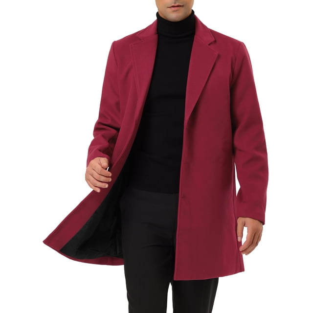INSPIRE CHIC Men's Coat Notched Lapel Single Breasted Mid-Weight Long Sleeve Coat L Burgundy