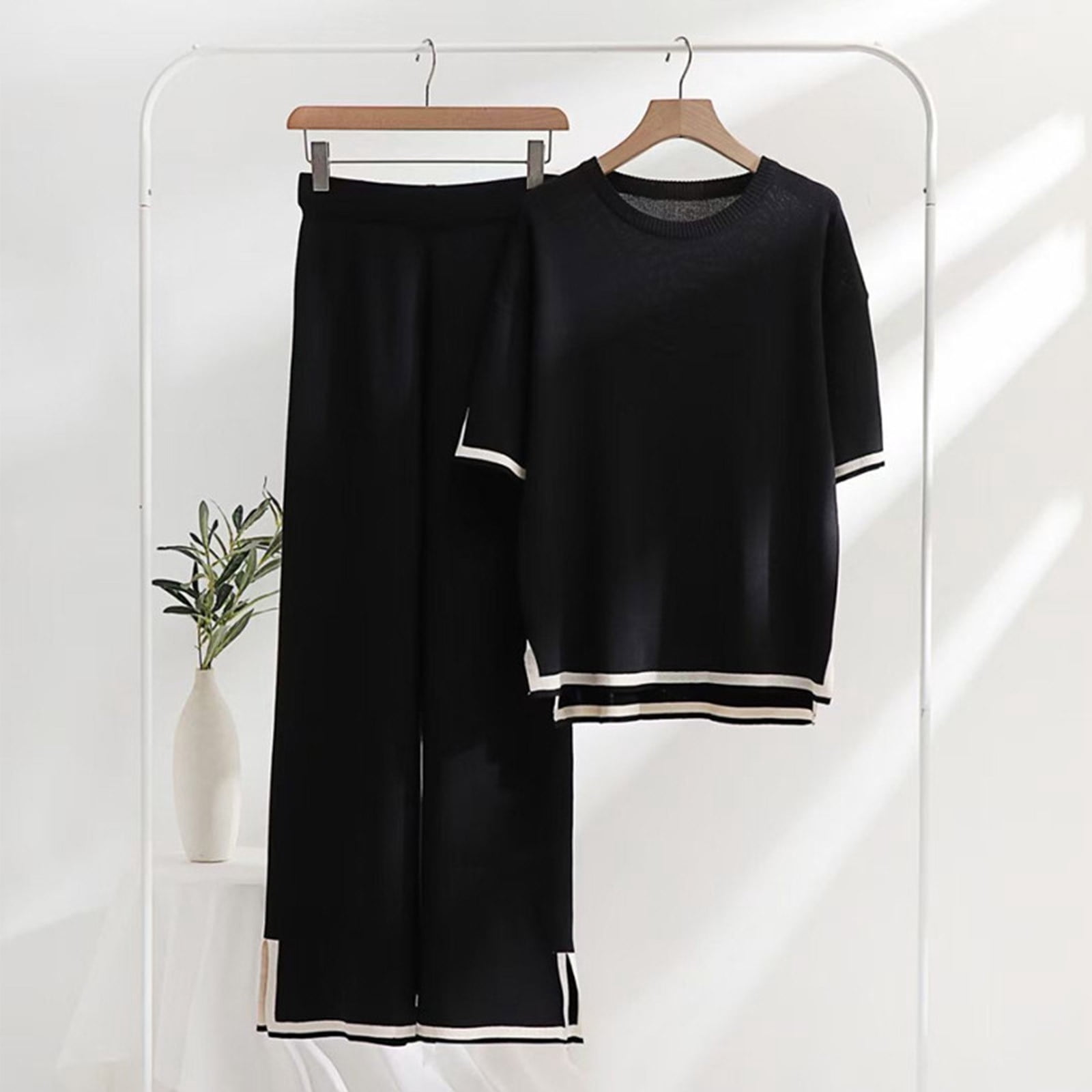 TIMIFIS Sweater Sets Women 2 Piece Lounge Sets Short Sleeve Knit Pullover Tops Wide Leg Pants-BlackFall/Winter