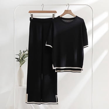 TIMIFIS Womens Knit 2 Piece Sweater Sets Long Sleeve Pullover Tops Elastic Waist Wide Leg Pants Lounge Set-WhiteFall/Winter