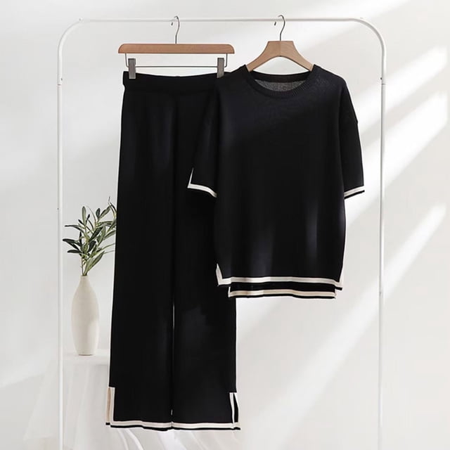 TIMIFIS Sweater Sets Women 2 Piece Lounge Sets Short Sleeve Knit Pullover Tops Wide Leg Pants-BlackFall/Winter