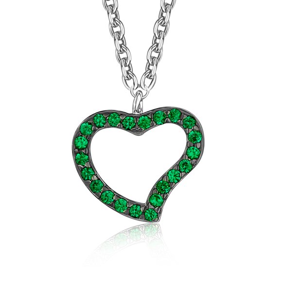 Collier Pendentif Cœur Ouvert Vert en Argent Sterling pour Filles avec Oxydes de Zirconium sur Chaîne Rolo avec Rhodium Noir 15 Pouces Italy 925 UNICORNJ