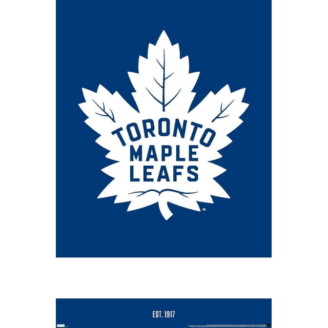 LNH Maple Leafs de Toronto - Affiche Murale Logo 21, 22,375 Po x 34 Po Présentant un Logo de Feuille d'Érable Blanche Centré avec des Veines Bleues et « Toronto Maple Leafs' text in blue on a solid blue background, a white horizontal stripe below, and « Est. 1917 » printed at the bottom, Idéal pour la Déco de Chambre à Thème Sportif Ou les collections de Fans.