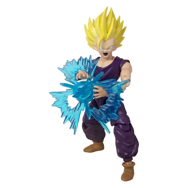 Dragon Ball Super - Dragon Stars Super Saiyan 2 Gohan Power Up Pack Action Figure Set with front-facing figure featuring bright yellow spiky hair, purple sleeveless gi, and brown boots, posed holding a translucent blue energy blast accessory, suitable for anime action figure collectors.