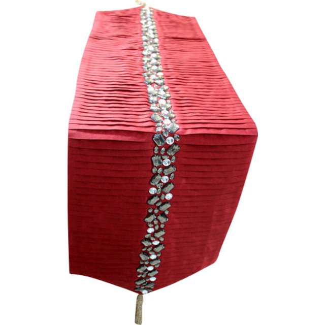The HomeCentric Handmade Decorative Table Runner 72’’ x 14’’ Silk Beaded with Crystal Rhinestone Embroidery - Deep Red Pleated
