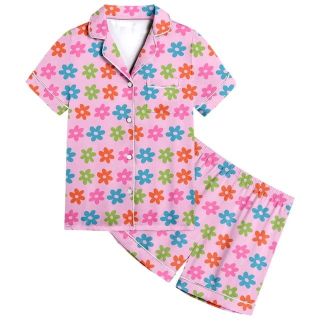 MIASHUI Girls Pajamas Set Flower Pattern Button-Down Sleepwear 2 Piece Nightwear,Pink,6-7 Years