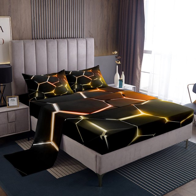 Erosebridal Neon Honeycomb Full Sheet Sets, Gradient Geometric Bedding Full Size, Modern Theme Decor,
