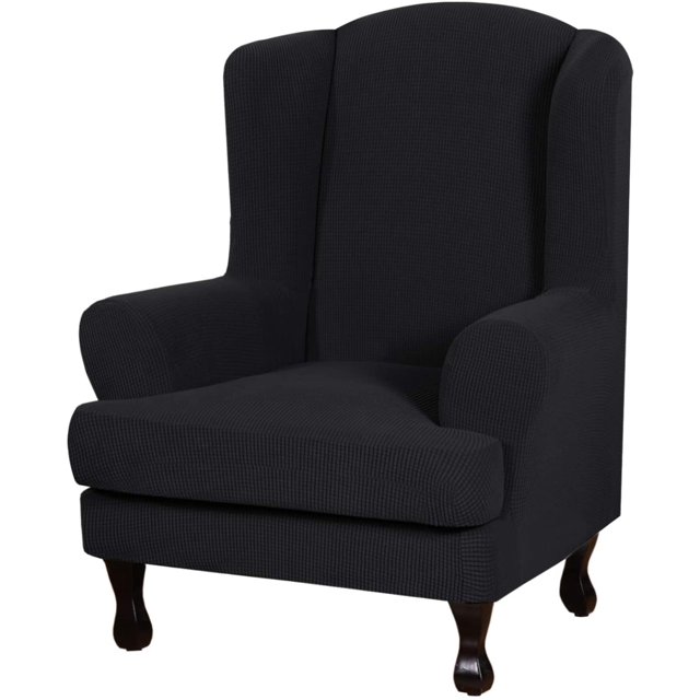 Stretch Wing Chair Cover Jacquard Spandex Stretch Slipcovers for Wingback Chairs in black, featuring a 2-piece design with an elastic bottom for a snug fit. Made from high-stretch knitted jacquard fabric with a small checks pattern, it fits standard wing chairs with seat widths of 26-32 inches and heights up to 45 inches. Designed for T cushion and box cushion styles, it offers full protection against spills, stains, and wear. Includes foam sticks for a non-slip fit and is machine washable for easy care.