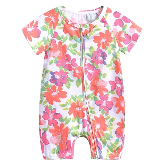 MIASHUI Summer Baby Short Sleeve Bodysuit Print Double Zipper Crawl Suit,Pink,3-6 Months