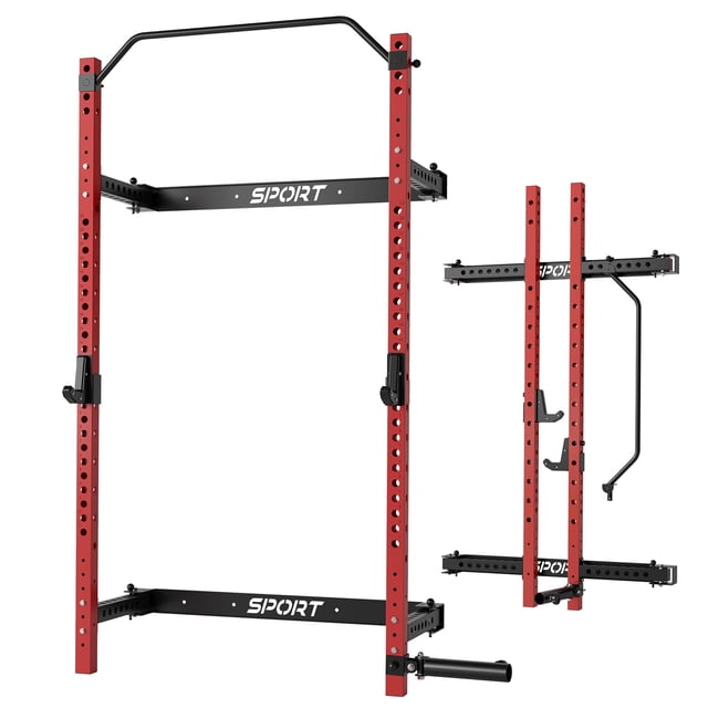 AKDSteel Folding Squat Rack with 1000 lbs capacity, featuring a wall-mounted design and foldable frame. Made of 2.36"x2.36" heavy-duty steel with a textured powder-coated finish for durability. Includes J-hooks, a pull-up bar with 4 adjustable levels, and a 360° landmine attachment for versatile full-body workouts. Space-saving design measures 47"L x 22"W x 89"H when in use and folds to 47"L x 5"W x 89"H, ideal for home gyms, garages, or basements.
