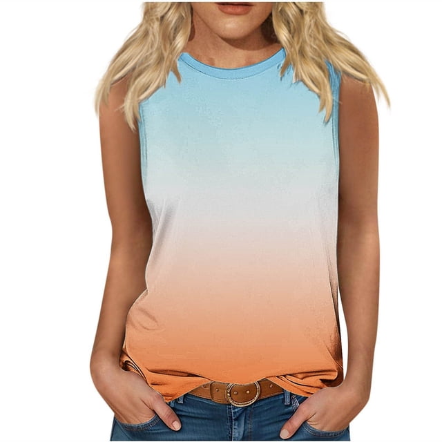 Plebaso Débardeurs 2025 pour Femmes Sans Manches à Col Rond T-Shirts Décontractés à Imprimé Dégradé Blouses d'Été T-Shirts