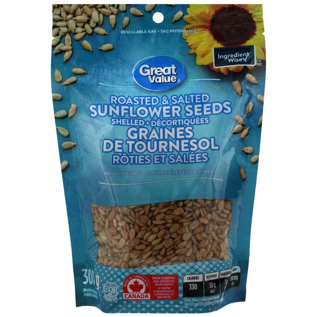 Great Value Roasted & Salted Shelled Sunflower Seeds in a resealable blue bag with a clear window showing the shelled seeds inside, labeled high in fibre and made in Canada, featuring the Ingredient Wise symbol and nutrition facts, suitable for snacking or sprinkling over salads.