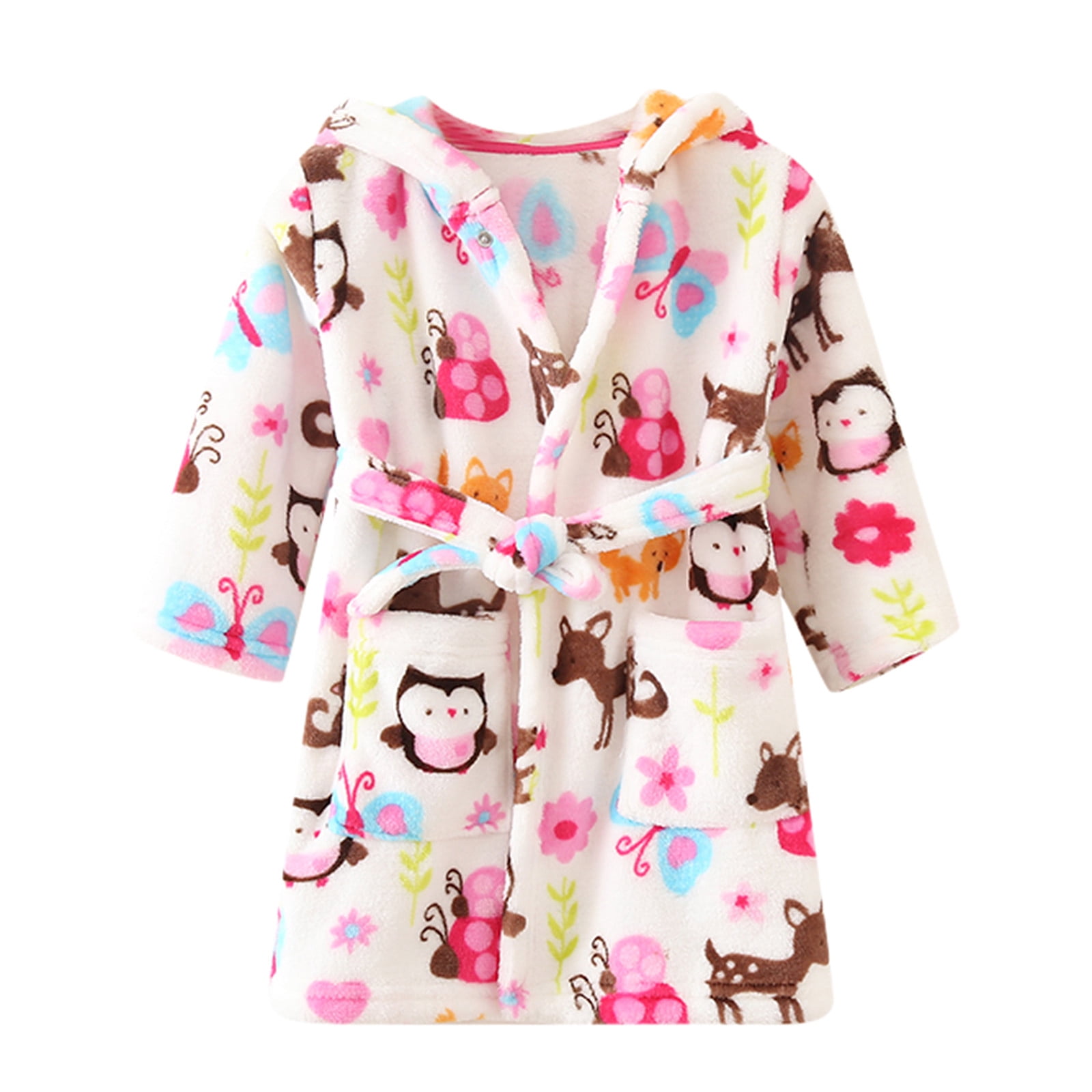 Hiiyo Toddler Girls Flannel Bathrobe Hooded Thick Warm Night-Robe Sleepwear Pajama Robe