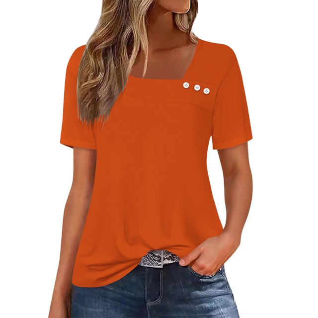 Women's Button V-Neck T Shirt Short Sleeve Loose Casual Blouse Basic Tee Tops