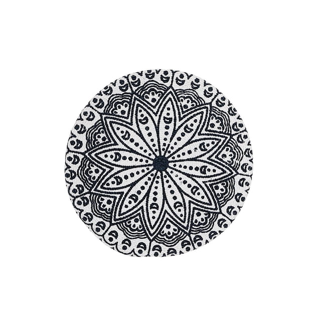 IH Casa Decor Printed Round Cotton Rope Placemat Blue Mandala with a 15-inch diameter, featuring a black mandala design on white cotton rope, ideal for protecting dining tables from stains and scratches and suitable as decorative table linens or coffee table accents.