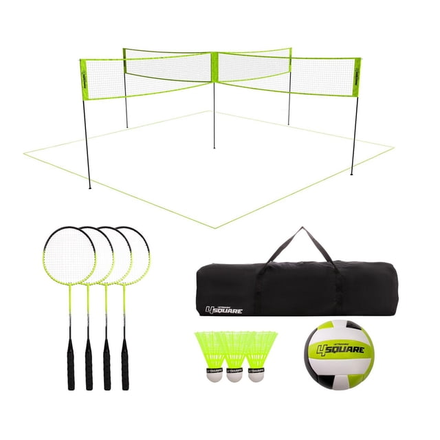 TRIUMPH Ensemble de Jeu Extérieur de Volleyball / Badminton 4 Carrés 2-en-1 avec Filet à Quatre Voies Vert lime sur Poteaux Noirs Formant une Limite Carrée de 20 Pieds, Quatre Raquettes de Badminton en Acier avec Poignées Noires, Trois Volants Jaune Néon, un Volleyball Blanc et Vert, et un Sac de Transport Noir avec Image de Marque 4 Carrés, Convient pour Jouer à la Plage Ou dans la Cour.